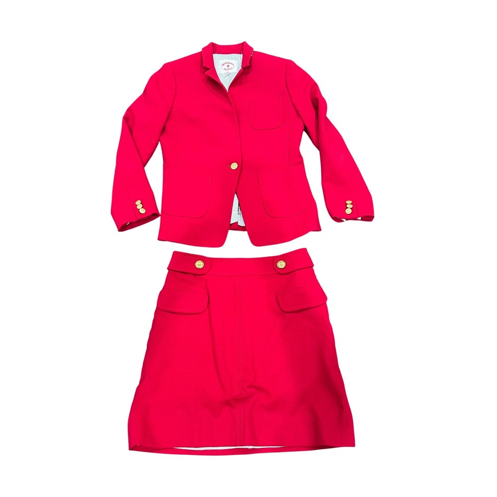 Brooks Brothers Red Fleece Wool Blend Skirt Suit Red Gold Buttons Size 4